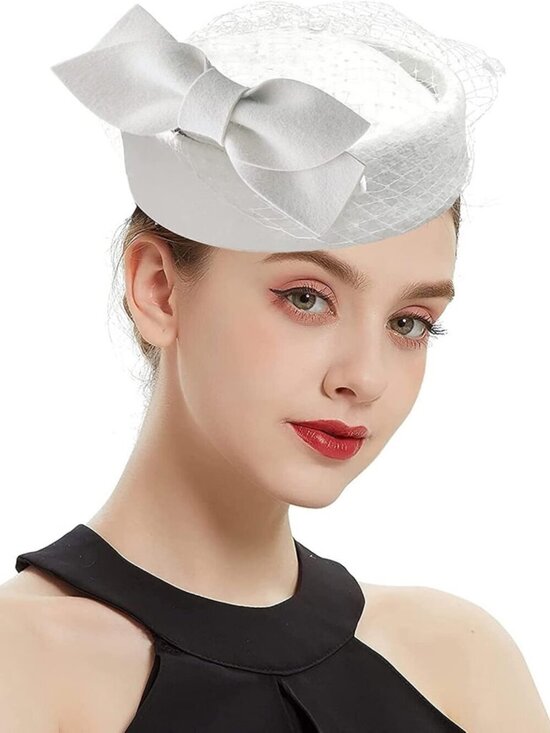 Women\'s British Style Pillbox Church Derby Wedding Winter Vintage Veil Hat White